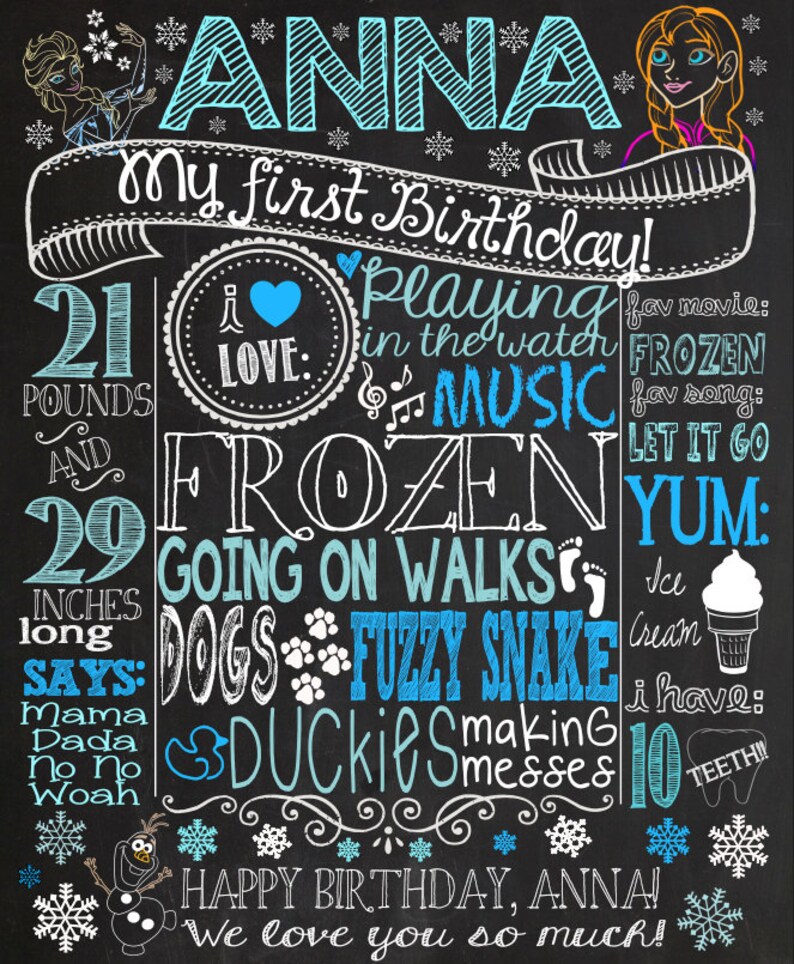 Peut inclure: Une pancarte de premier anniversaire de style tableau noir pour une fille nomm&eacute;e Anna. La pancarte est d&eacute;cor&eacute;e de flocons de neige et sur le th&egrave;me de La Reine des Neiges. Elle comprend des d&eacute;tails comme son poids (21 livres), sa taille (29 pouces), ses activit&eacute;s pr&eacute;f&eacute;r&eacute;es et un message disant "Joyeux anniversaire, Anna ! On t'aime beaucoup !"