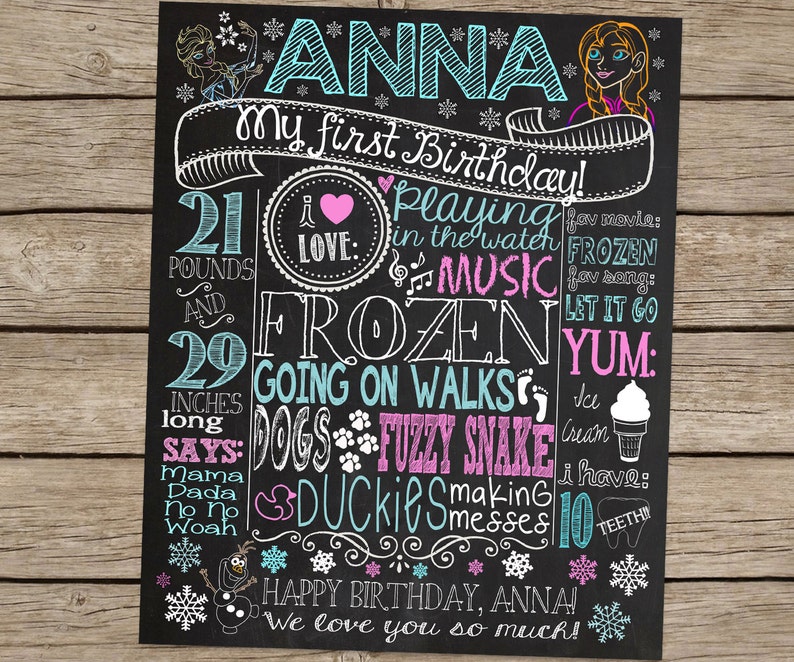 Peut inclure: Un tableau noir avec une bordure blanche et un design bleu et rose. Le tableau noir dit "ANNA Mon premier anniversaire !" et comprend des d&eacute;tails sur l'&acirc;ge, le poids, la taille et les choses pr&eacute;f&eacute;r&eacute;es de l'enfant. Le tableau noir pr&eacute;sente des images d'Elsa et d'Anna du film La Reine des Neiges.