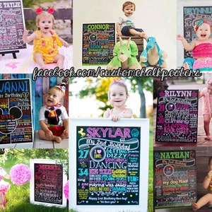 Peut inclure: Une collection d'affiches d'anniversaire de style tableau noir color&eacute;es avec une vari&eacute;t&eacute; de designs et d'informations sur le premier et le deuxi&egrave;me anniversaire de l'enfant. Les affiches pr&eacute;sentent des noms, des &acirc;ges, des poids, des tailles et des choses pr&eacute;f&eacute;r&eacute;es. Les affiches sont entour&eacute;es de photos d'enfants.
