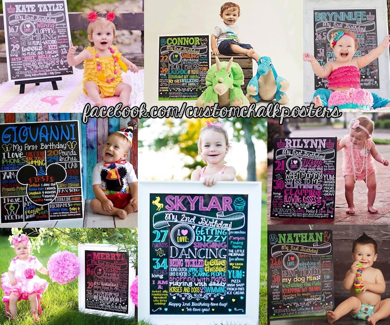 Peut inclure: Une collection d'affiches d'anniversaire de style tableau noir color&eacute;es avec une vari&eacute;t&eacute; de designs et d'informations sur le premier et le deuxi&egrave;me anniversaire de l'enfant. Les affiches pr&eacute;sentent des noms, des &acirc;ges, des poids, des tailles et des choses pr&eacute;f&eacute;r&eacute;es. Les affiches sont entour&eacute;es de photos d'enfants.