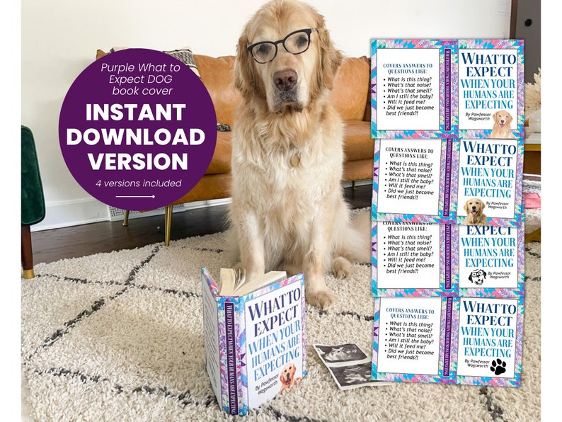 INSTANT DOWNLOAD Purple What to Expect When Your Humans are Expecting Fake Dust Jacket Funny Book Cover Dog Pregnancy Announcement 4 Options image 1