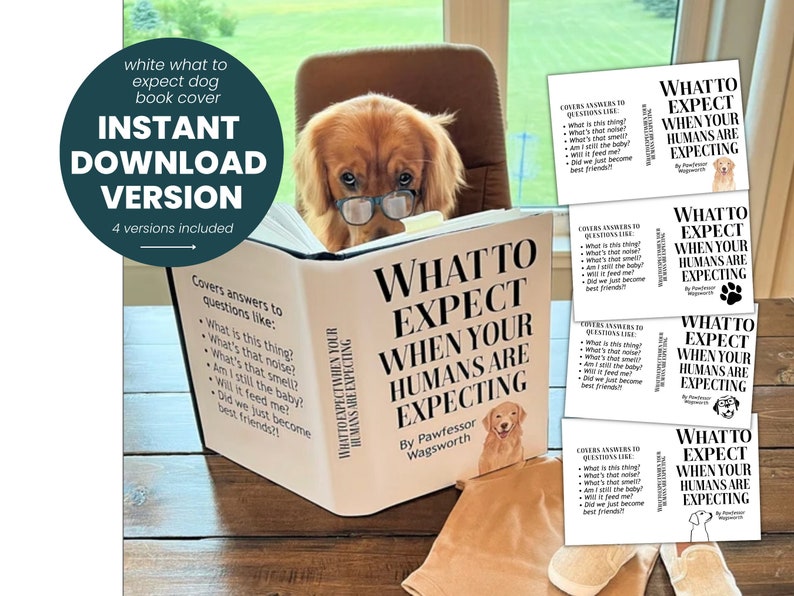 DIREKT NEDLADDNING Vad du kan förvänta dig när dina människor väntar barn Falskt skyddsomslag Roligt bokomslag Söt hund Graviditetsmeddelande - 4 alternativ bild 1