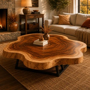 May include: A low-profile coffee table featuring a large, irregular, organic-shaped wooden slab top with visible dark brown grain patterns and a lighter, textured live edge. The table is supported by a black metal frame with angled legs.