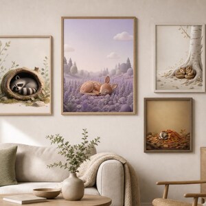 以下が含まれることがあります： 眠っている動物のイラストが描かれた4枚の額入りウォールアートセット。アライグマが住む木の洞、ラベンダー畑の子鹿、木の根元の2匹のリス、落ち葉の中にいる小さな動物が描かれています。それぞれの絵は木製のフレームに収められています。
