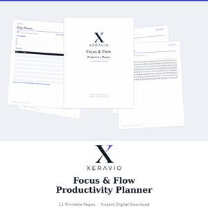 Puede incluir: Un conjunto de 11 páginas imprimibles para el planificador de productividad Xeravio Focus & Flow. Las páginas blancas presentan texto en negro y detalles en azul, incluyendo un diseño de planificador diario con bloques de tiempo y seguimiento.