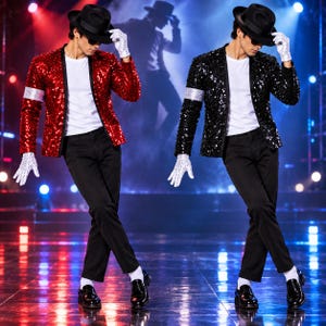 May include: Two outfits consisting of a sequined blazer in red or black, a white t-shirt, black trousers, a black fedora hat, and a single white sequined glove. Each ensemble features a silver sequined armband on the right sleeve and black shoes.