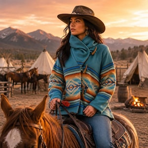 May include: A teal fleece jacket featuring a horizontal geometric pattern in shades of orange, blue, and white, with a high collar and toggle closures, worn with blue denim jeans and a wide-brimmed brown felt hat while riding a brown horse.