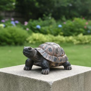 May include: A realistic tortoise figurine featuring a textured dark brown and black shell with detailed scutes. The head and legs are dark grey with a pebbled skin texture. The tortoise is positioned in a walking stance with its head raised.