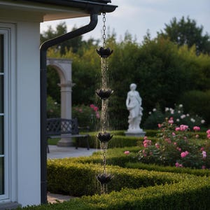 May include: A black metal rain chain featuring a series of lotus flower-shaped cups connected by a vertical chain, suspended from a gutter downspout, with water cascading down through the centre of each flower cup in a continuous stream.