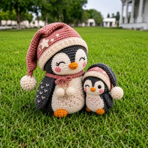 May include: Two crocheted penguin dolls, one large and one small, both wearing dusty rose knit hats with white star accents and pom-poms. The penguins have dark grey bodies, cream-coloured bellies with pink speckles, orange beaks, and feet.