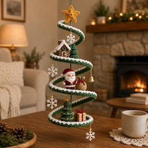 May include: A spiral-shaped crochet Christmas tree ornament featuring a yellow star topper, white snowflake accents, a gingerbread house, a Santa Claus figure, a small gift box, and a miniature green tree, all suspended on a central vertical support.