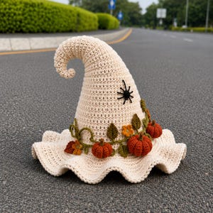 May include: A cream-coloured crocheted witch hat featuring a curled tip and a wide, ruffled brim. The hat is decorated with a vine of green crocheted leaves, small orange and yellow flowers, several miniature orange pumpkins, and a black spider.