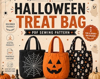Puede incluir: Un patrón de costura PDF digital para tres bolsas de dulces de Halloween. La imagen muestra una bolsa negra con una telaraña blanca, una bolsa naranja con cara de calabaza y una bolsa negra con un patrón de fantasmas y calabazas.