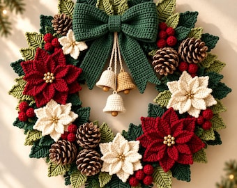 May include: A circular holiday wreath featuring crocheted dark green leaves, red and white poinsettia flowers with gold centers, brown pinecones, red berries, and a large dark green bow with three hanging crocheted bells in white and tan.