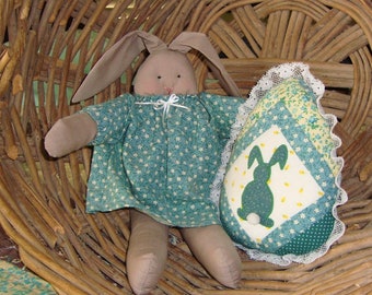 Folk Art Broadcloth Bunny Doll with Matching Strip-Quilted Appliqued Easter Egg Pillow