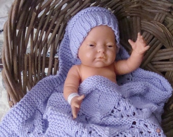 Handknit Newborn Lavender Mist Infant Afghan/Receiving Blanket with Matching Cap