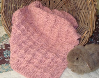 Handknit Baby Afghan in Desert Peach Basket-weave Motif