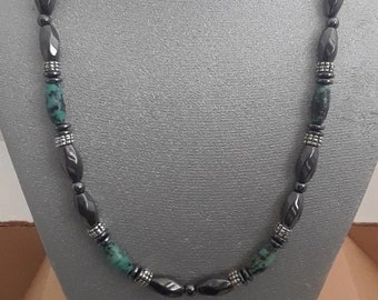 Blue African Turquoise With Magnetic Hematite and Silvertone Findings