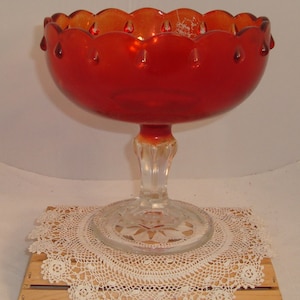 Vintage Indiana Glass Tear Drop Red and Clear Glass Pedestal Compote