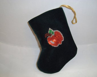 Handcrafted Miniature Fully-Lined Velveteen Christmas Stocking with Sequined-Apple Applique