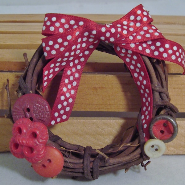 Miniature Handcrafted Grapevine Wreath with Vintage Button Accents