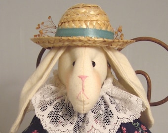 Handcrafted Jointed Muslin Bunny Rabbit Doll  "Clara" with Spring Straw Hat