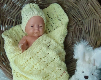 Handknit Newborn Receiving Afghan with Matching Cap
