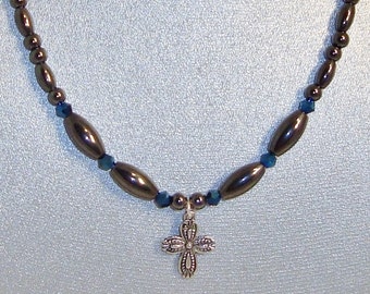 Magnetic Hematite Necklace Featuring Czech Crystal and Silver Alloy Cross Charm