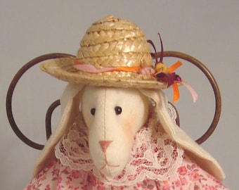 Handcrafted Jointed Muslin Bunny Rabbit Doll  "Sadie" with Spring Straw Hat