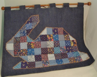 Denim Wall Hanging Featuring Blue Postage Stamp Pieced Appliqued Bunny