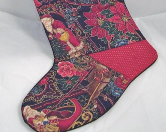 Handcrafted Vintage Santa Print Patchwork Christmas Stocking with Metallic Accents