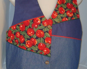 Handcrafted Patchwork Denim Vest Featuring Red Apple Motif