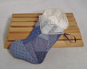 Handcrafted Strip-Quilted Miniature Stocking with Vintage Handkerchief