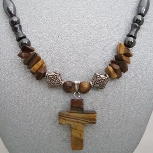 Magnetic Hematite Necklace with Tiger Eye Cross