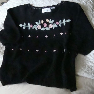 Crochet-Embellished Black Cotton/Ramie Short Sleeved Slipover Sweater