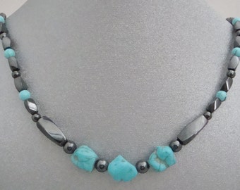 Magnetic Hematite Necklace with Stabilized Turquoise Nuggets