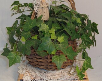 Rustic Ivy Basket Arrangement with Handcrafted Garden Angel Pick