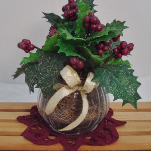 Miniature Burgundy Holly Berry Arrangement with Doily