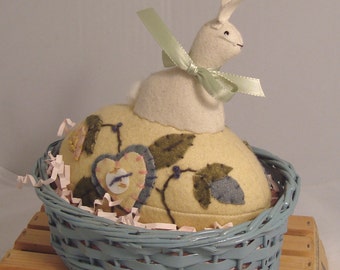 Folk Art Woolen Appliqued Easter Egg in Basket with Bunny on Top