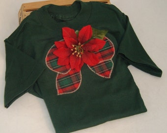 Little Girl's Appliqued Holiday T-Shirt with Plaid Bow and Detachable Silk Poinsettia Pin