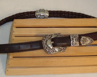 VIntage Mahogany Braided Leather Belt with Ornate Silver Buckle and Matching Sliders