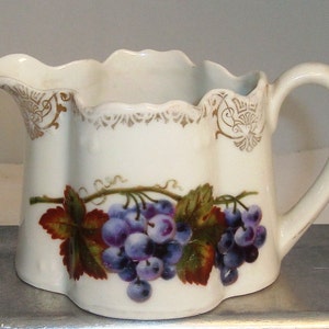 OLD Vintage Handpainted Cream Pitcher with Grape Motif and Gold Accents