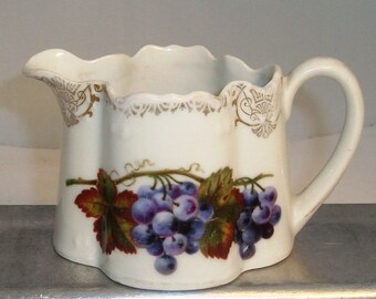 OLD Vintage Handpainted Cream Pitcher with Grape Motif and Gold Accents