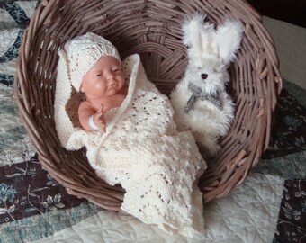 Preemie Receiving Afghan with Matching Cap in Antique Ivory Angel Wings Motif