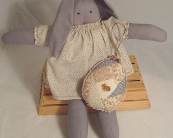 Handcrafted Grey Broadcloth Bunny Doll Holding Strip-quilted Easter Egg Pillow/Hanging