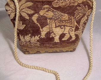 Elephant Motif Tapestry Zip Bag with Braided Satin Shoulder Strap
