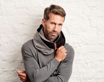 Men’s Double Loop Scarf, Infinity Cowl with Leather Accent, Eco-Friendly Fabric Wrap, Handmade Berlin Design, Winter Gift for Him