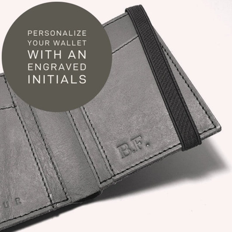 wallet from front -color: gauntlet grey.
with information about an option to customize the wallet with initials.