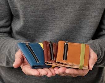Recycled Leather Wallet: Zipper Coin Pocket, Elastic Strap. Sustainable gift
