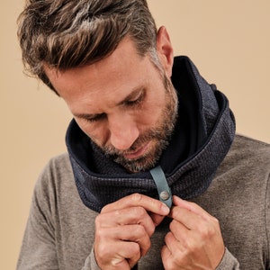 Man Double Loop with Leather Band, Regenerated Fabric Infinity Cowl, Sustainable, Handmade, Berlin Design